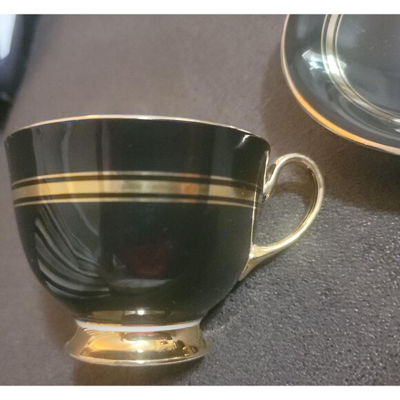 Aynsley England Bone China Tea Cup Saucer Shiny Black Gold stripe 1930s VTG - Picture 8 of 10